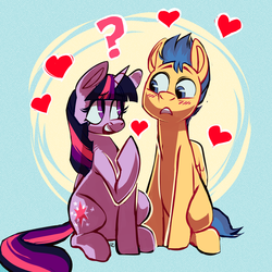 Size: 1280x1280 | Tagged: safe, artist:comikazia, flash sentry, twilight sparkle, alicorn, pony, g4, blushing, female, heart, male, mare, not sure if want, question mark, ship:flashlight, shipping, straight, twilight sparkle (alicorn)