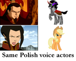 Size: 978x791 | Tagged: safe, applejack, king sombra, earth pony, human, pony, unicorn, g4, avatar the last airbender, azula, exploitable meme, female, male, mare, meme, mikołaj klimek, monika pikuła, ozai, poland, polish, same voice actor, stallion, vector