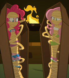 Size: 800x907 | Tagged: dead source, safe, artist:radiantrealm, fluttershy, pinkie pie, equestria girls, g4, bondage, boots, boots bondage, clothes, coffin, female, mummification, polka dot socks, shoes, show accurate, skirt, socks, tank top