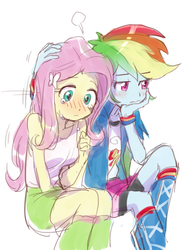 Size: 418x545 | Tagged: dead source, safe, artist:baekgup, fluttershy, rainbow dash, equestria girls, g4, blushing, clothes, comforting, crying, embarrassed, female, friendship, holding, lesbian, ship:flutterdash, shipping, sleeveless, tank top