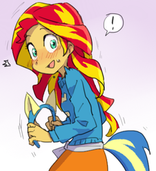 Size: 350x386 | Tagged: dead source, safe, artist:baekgup, sunset shimmer, equestria girls, g4, my little pony equestria girls: rainbow rocks, adorkable, blushing, cheerleader outfit, clothes, cute, dork, embarrassed, exclamation point, female, open mouth, pony ears, shimmerbetes, simple background, skirt, solo, sweater, white background, wondercolts