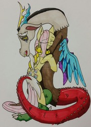 Size: 1600x2238 | Tagged: safe, artist:bleedingwings12, discord, fluttershy, g4, death, female, immortality blues, male, ship:discoshy, shipping, straight, traditional art