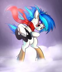 Size: 1267x1475 | Tagged: safe, artist:michinix, dj pon-3, vinyl scratch, g4, clothes, female, glasses, high heels, records, scarf, shoes, solo