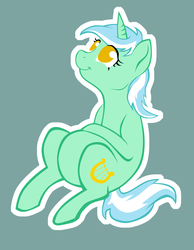 Size: 673x868 | Tagged: safe, artist:krewcia, lyra heartstrings, pony, unicorn, g4, belly, cute, female, hoof on belly, no pupils, sitting, sitting lyra, solo