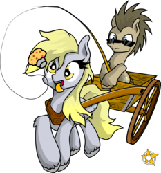 Size: 1024x1098 | Tagged: safe, artist:amberpendant, derpy hooves, doctor whooves, time turner, pegasus, pony, g4, carrot on a stick, cart, female, fishing rod, mare, muffin, pulling, simple background, sunglasses, transparent background, unshorn fetlocks