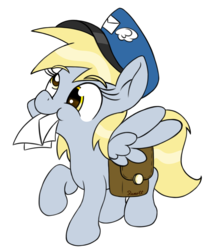 Size: 1300x1500 | Tagged: dead source, safe, artist:ramott, derpy hooves, pegasus, pony, g4, female, letter, mail, mailmare, mare, mouth hold, raised hoof, simple background, solo, transparent background