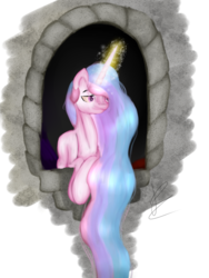 Size: 720x960 | Tagged: safe, artist:alanaala, princess celestia, g4, female, magic, smiling, solo, window