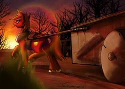 Size: 4093x2894 | Tagged: safe, artist:sakuracheetah, big macintosh, earth pony, pony, g4, lens flare, male, solo, stallion, sunset, wagon