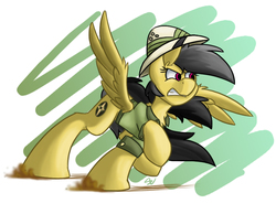 Size: 900x700 | Tagged: safe, artist:luximus17, daring do, pegasus, pony, g4, female, gritted teeth, hat, looking at something, looking away, mare, pith helmet, raised hoof, running, solo, spread wings, standing, wings