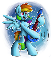 Size: 777x908 | Tagged: safe, artist:luximus17, rainbow dash, pegasus, pony, equestria girls, g4, my little pony equestria girls: rainbow rocks, abstract background, bipedal, chest fluff, electric guitar, equestria girls ponified, female, guitar, hoof hold, human pony dash, mare, musical instrument, open mouth, ponified, signature, solo, spread wings, wings