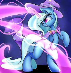 Size: 2400x2488 | Tagged: safe, artist:madacon, trixie, pony, unicorn, g4, belly button, bipedal, brooch, cape, clothes, cute, diatrixes, featured image, female, grin, hat, high res, horn, jewelry, magic, mare, rearing, smirk, solo, trixie's brooch, trixie's cape, trixie's hat