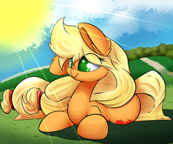 Size: 2400x2000 | Tagged: safe, artist:madacon, applejack, pony, g4, crepuscular rays, cute, eyebrows, eyebrows visible through hair, female, fence, fluffy, forest, grass, hatless, high res, jackabetes, missing accessory, path, prone, road, scenery, smiling, solo, sun