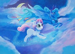 Size: 1280x917 | Tagged: safe, artist:valzeras, princess luna, sweetie belle, for whom the sweetie belle toils, g4, dream walker luna, dreamscape, moon, spread wings, traditional art