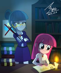 Size: 1100x1301 | Tagged: safe, artist:bluse, cloudy quartz, pinkie pie, equestria girls, g4, book, candle, equestria girls-ified, female, frown, glare, glasses, mother and child, mother and daughter, pinkamena diane pie, reading, show accurate, studying