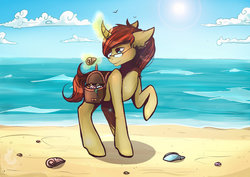 Size: 1024x724 | Tagged: safe, artist:wilvarin-liadon, oc, oc only, pony, unicorn, beach, seashell, solo