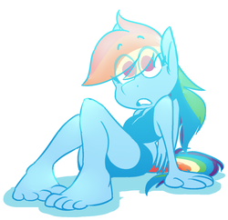 Size: 1229x1189 | Tagged: safe, artist:silverscarf, rainbow dash, anthro, plantigrade anthro, g4, barefoot, blue underwear, breasts, clothes, cute, d:, feet, female, midriff, panties, solo, surprised, toes, underwear
