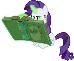 Size: 981x815 | Tagged: safe, artist:flutterflyraptor, rarity, pony, unicorn, g4, book, care bears, crossover, evil book spirit, female, glowing eyes, green eyes, inspirarity, mare, reading, simple background, sitting, solo, transparent background