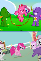 Size: 637x931 | Tagged: safe, pinkie pie, g4, andrea libman, care bears, care bears adventures of care a lot, cheer bear, comparison, nothing's going right, smiling, tabitha st. germain