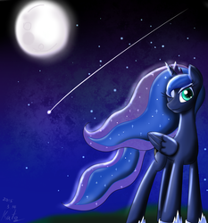 Size: 1024x1097 | Tagged: safe, artist:sos1995kk126, princess luna, g4, female, moon, night, shooting star, solo, wink