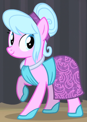Size: 588x828 | Tagged: safe, screencap, coral shine, earth pony, pony, g4, rarity takes manehattan, background pony, female, looking back, mare, raised hoof, smiling, solo