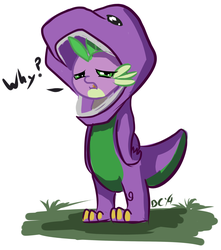 Size: 1280x1449 | Tagged: safe, artist:blindcoyote, spike, g4, barney the dinosaur, clothes, costume, male, sad, solo, why