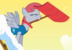 Size: 374x260 | Tagged: safe, screencap, ski doo, pegasus, pony, g4, season 1, winter wrap up, background pony, eyes closed, female, mare, mouth hold, recolor, red mane, shovel, snow shovel, solo, spread wings, weather team, wings, winter wrap up vest