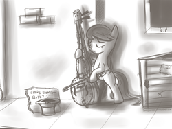 Size: 1024x768 | Tagged: safe, artist:fongsaunder, octavia melody, earth pony, pony, g4, bipedal, busking, cello, eyes closed, female, mare, monochrome, musical instrument, sign, solo