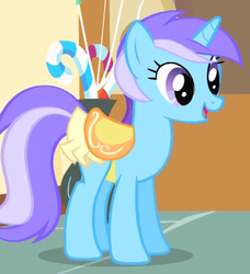 Size: 296x325 | Tagged: safe, screencap, diamond mint, pony, unicorn, a bird in the hoof, g4, background pony, clothes, female, mare, saddle, skirt, solo, tack