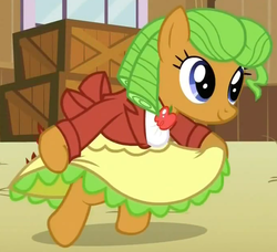 Size: 685x625 | Tagged: safe, screencap, apple twirl, earth pony, pony, apple family reunion, g4, apple family member, background pony, clothes, courtsey, cropped, curtsey, dress, female, mare, ringlets, solo