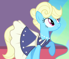 Size: 227x193 | Tagged: safe, screencap, eclair créme, princess celestia, alicorn, earth pony, pony, g4, the best night ever, clothes, dress, raised hoof, smiling, solo focus, tail