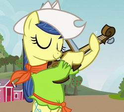 Size: 576x523 | Tagged: safe, screencap, fiddlesticks, earth pony, pony, apple family reunion, g4, apple family member, background pony, bipedal, clothes, cowboy hat, cropped, eyes closed, female, hat, mare, musical instrument, shirt, solo, violin