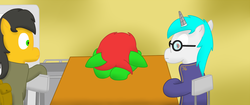 Size: 1024x429 | Tagged: safe, artist:minty candy, oc, oc only, oc:buzzy, oc:minty candy, oc:twintails, cyborg, pegasus, pony, unicorn, fallout equestria, fallout equestria: occupational hazards, chair, clothes, glasses, sleeping, story, table