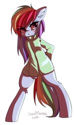 Size: 691x1150 | Tagged: safe, artist:yukomaussi, rainbow dash, semi-anthro, g4, arm hooves, blushing, clothes, ear fluff, female, solo, sweater