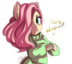 Size: 1099x986 | Tagged: safe, artist:yukomaussi, fluttershy, pegasus, anthro, g4, clothes, female, simple background, solo, sweater, sweatershy, white background