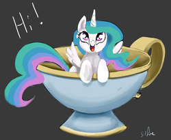 Size: 3897x3193 | Tagged: safe, artist:silfoe, princess celestia, pony, royal sketchbook, g4, cup of pony, cute, cutelestia, female, hi, high res, looking at you, looking up, micro, open mouth, pun, smiling, solo, teacup, tiny ponies, weapons-grade cute