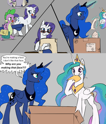 Size: 1280x1493 | Tagged: safe, artist:silfoe, princess celestia, princess luna, rarity, spike, royal sketchbook, g4, annoyed, box, comic, disgusted, floppy ears, frown, grin, open mouth, raised eyebrow, smiling, tongue out