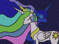 Size: 960x720 | Tagged: safe, artist:elise95art, princess celestia, princess luna, g4, eyes closed, sisters