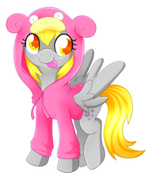 Size: 2836x3367 | Tagged: safe, artist:scarlet-spectrum, derpy hooves, pegasus, pony, slowpoke (pokémon), g4, clothes, cute, derpabetes, female, high res, hoodie, mare, pokémon, simple background, sitting, smiling, solo, spread wings, transparent background