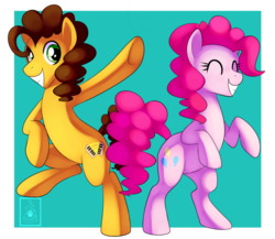 Size: 1024x890 | Tagged: safe, artist:amphleur-de-lys, cheese sandwich, pinkie pie, earth pony, pony, g4, duo, eyes closed, female, male, mare, missing accessory, rearing, ship:cheesepie, shipping, stallion, straight