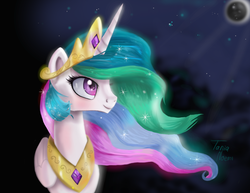 Size: 1696x1308 | Tagged: safe, artist:tanianoemi, princess celestia, g4, female, moon, night, smiling, solo