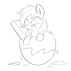 Size: 500x500 | Tagged: safe, artist:randy, oc, oc only, oc:aryanne, earth pony, pony, aryanbetes, black and white, chocolate bar, chocolate egg, commercial, cute, egg, egg shells, female, filly, germany, grayscale, happy, kinder egg, lineart, mare, monochrome, sketch, solo, toy