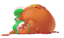 Size: 920x545 | Tagged: safe, artist:secretgoombaman12345, oc, oc only, oc:sweetgrass, earth pony, pony, belly, big belly, candy, clothes, fat, female, food, glasses, green eyes, mare, obese, socks, striped socks, stuffed, tongue out, wrapper