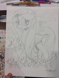 Size: 843x1124 | Tagged: safe, artist:andy price, fluttershy, butterfly, g4, female, flower, solo, traditional art