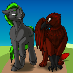 Size: 1000x1000 | Tagged: safe, artist:foxenawolf, oc, oc only, oc:free agent, oc:long path, earth pony, griffon, pony, fanfic:a different perspective, fanfic art, fanfic cover, unshorn fetlocks