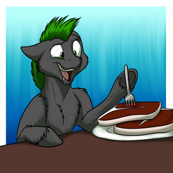 Size: 1000x1000 | Tagged: safe, artist:foxenawolf, oc, oc only, oc:long path, fanfic:a different perspective, chest fluff, drool, fanfic art, fork, meat, ponies eating meat, steak, underhoof, unshorn fetlocks