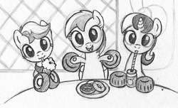 Size: 1200x728 | Tagged: safe, artist:php87, oc, oc only, oc:wheely bopper, original species, wheelpone, cute, donut, looking at you, milkshake, milkshake ponies, monochrome, traditional art