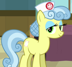 Size: 625x580 | Tagged: safe, screencap, nurse coldheart, nurse snowheart, earth pony, pony, g4, read it and weep, cropped, eyeshadow, female, hair net, hat, makeup, mare, nurse, nurse hat, smiling, solo