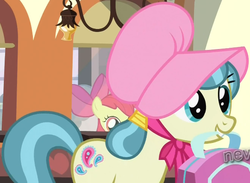 Size: 585x429 | Tagged: safe, screencap, apple bloom, jolene, earth pony, pony, g4, one bad apple, background pony, bonnet, cropped, female, filly, mare, solo focus