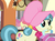 Size: 585x429 | Tagged: safe, screencap, apple bloom, jolene, earth pony, pony, g4, my little pony: friendship is magic, one bad apple, background pony, bonnet, cropped, female, filly, mare, solo focus