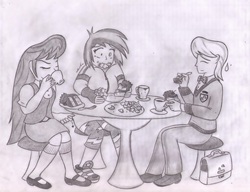 Size: 1987x1527 | Tagged: safe, artist:poseidonathenea, dj pon-3, frederic horseshoepin, octavia melody, vinyl scratch, equestria girls, g4, eating, equestria girls-ified, humanized, messy eating, monochrome, pencil drawing, pinch, traditional art